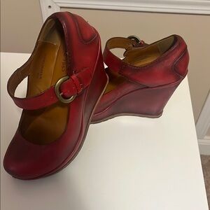 Kork-Ease Red Wedge Shoes with Strap and Rounded Toe